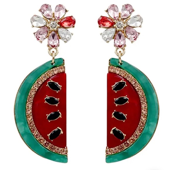 Coming Soon! Watermelon Crystal and Rhinestone Drop Earrings - Picture 4 of 6